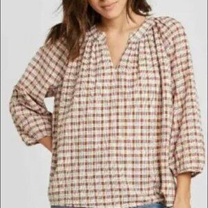 Universal Thread Neutral Ivory and Tan Plaid Long Sleeve Peasant Blouse Size S